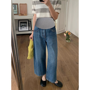 Pregnant women's pants 9 points straight jeans outer wear 2024 new wide leg pants loose blue nine points belly pants 8365
