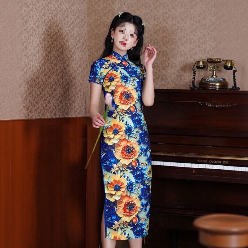 2026 New Model 3D Printed Retro-Style Improved Cheongsam with High Slit, Slimming Fashion Dress for Young and Middle-Aged Women 2026 New Model 3D Printed Retro-Style Improved Cheongsam with High Slit, Slimming Fashion Dress for Young and Middle-Aged Women