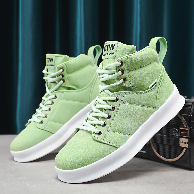 2025 Autumn New Men's Workwear Style Thick Sole Height-Increasing Student Sneakers Casual Green Canvas High-Top Shoes_voghion.com