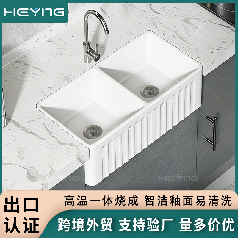 美式水槽厨房洗碗槽水池半嵌入式洗菜盆双盆不发黄一体陶瓷大单槽