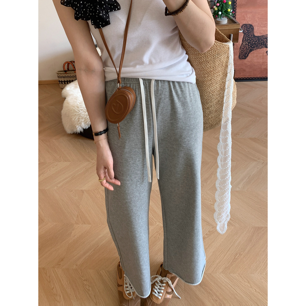2025 Autumn Thin Korean Style Simple Lazy Nine-Point Sweatpants Slimming Raw Edge Flared Straight Narrow Wide-Leg Pants for Women