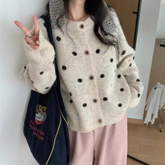 2025新款秋冬宽松休闲慵懒风针织衫波点圆领纽扣女式毛衣外套上衣
