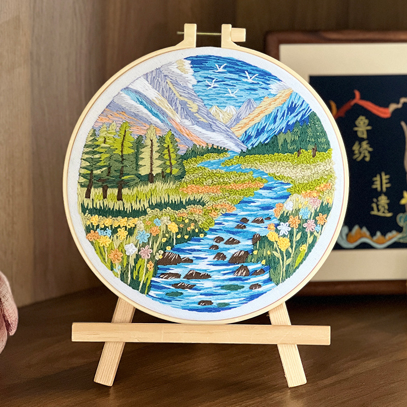 Lu bordado montaña de la luna pintura colgante hecha a mano DIY material bordado paquete de pintura colgante de paisaje forestal conjunto inglés de cuatro piezas