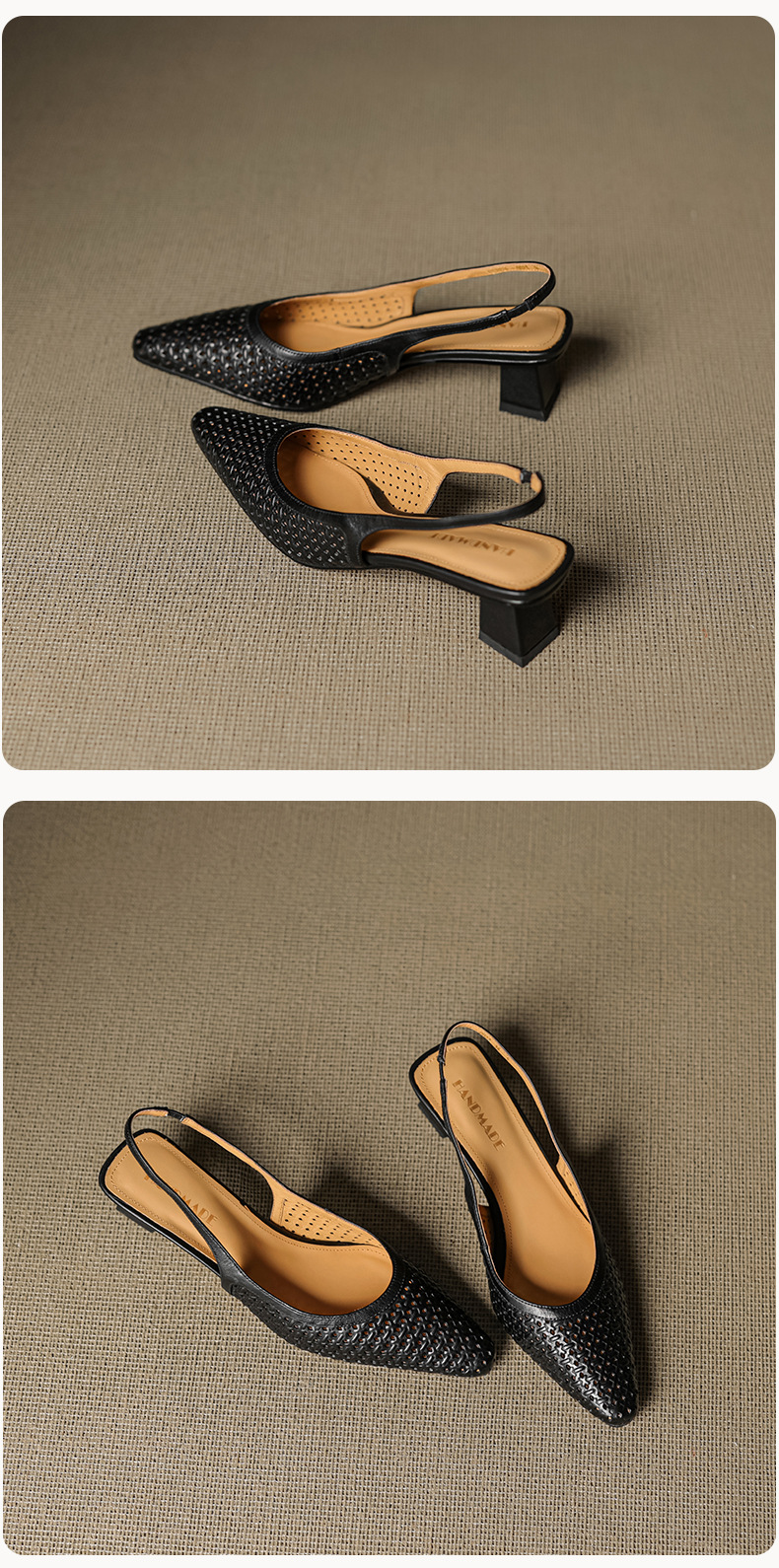 Sandal nữ da bò dệt mũi kín gót thô cao 6 cm phong cách công sở — đen chi tiết 29