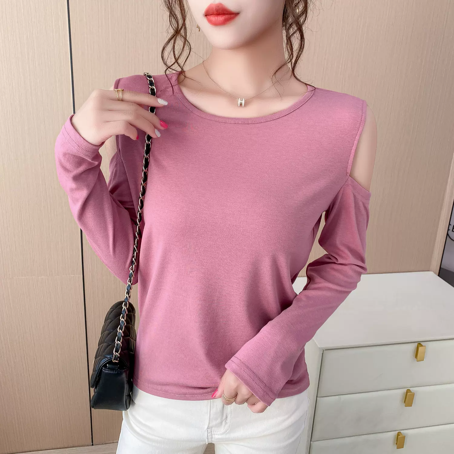 实拍秋季新款弹力棉露肩百搭内搭薄款针织打底衫女长袖t恤女上衣
