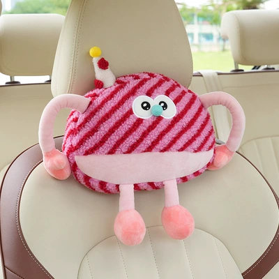 Cute Car Lumbar Support Cartoon Creative Monster Car Cushion Comfortable Car Headrest Neck Pillow Interior Accessories for Women (Waist support) - plush-little-monster-headrest-striped-red