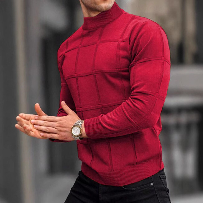 Amazon European and American Men's Solid Color Square Texture Small Turtleneck Sweater Men's Top