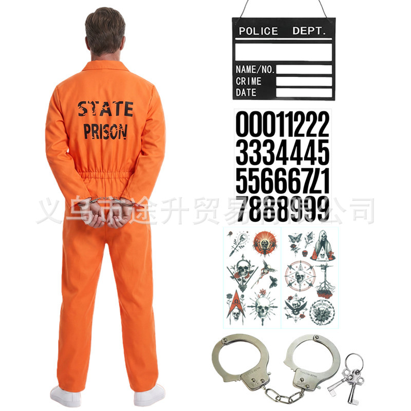 Men's Orange Prisoner Jumpsuit Halloween Cosplay Costume Includes Tattoo Stickers and Party Props Set