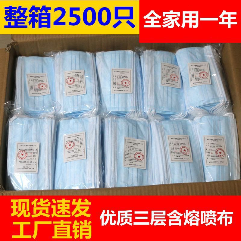 整箱2500只一次性口罩蓝色三层含熔喷布成人民用防尘防护口罩批发