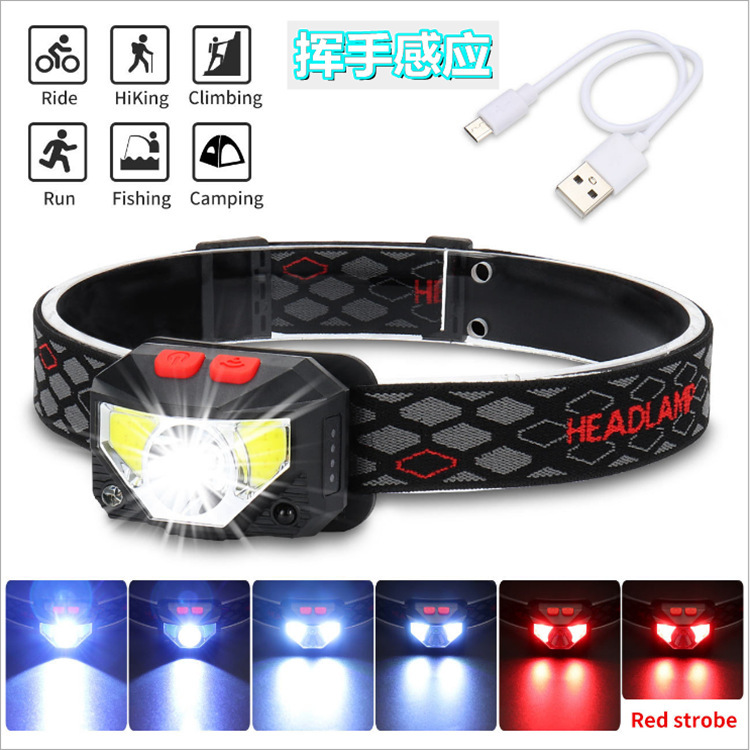 Nuevo LED inducción luz roja pesca faro mini USB batería incorporada multifuncional luz COB fuerte luz faro