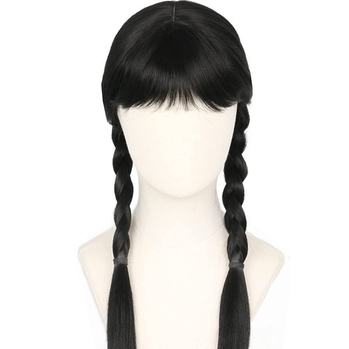 Tuesday Addams mother Addams black twin buns ponytail center part long straight hair Halloween cosplay wig