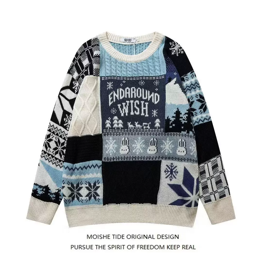 港风情侣毛衣ins高街复古圣诞针织衫秋冬季加厚宽松男生外套原宿