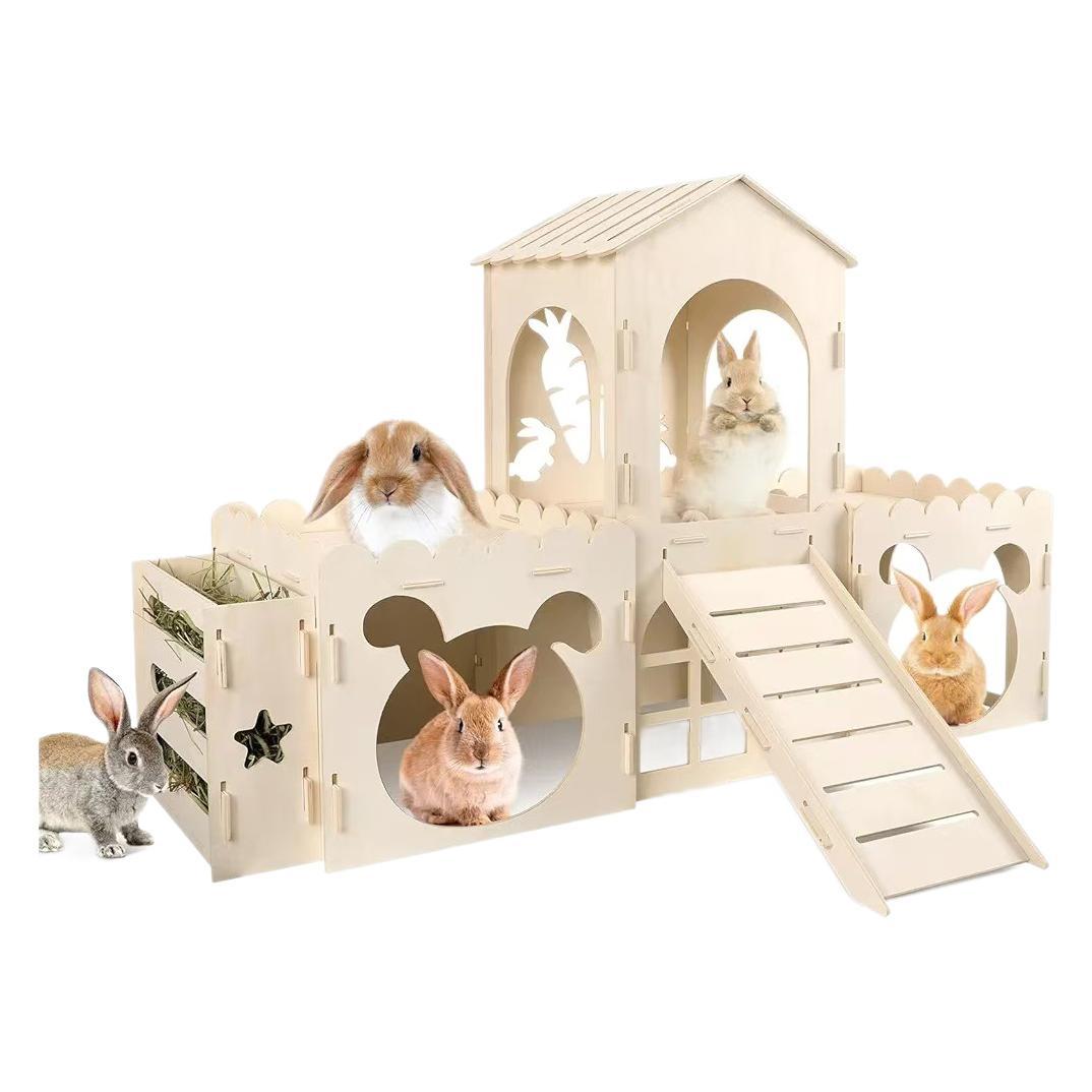 Escondite de conejo grande de madera Castillo de conejo Casa de conejo de madera con comedero de heno desmontable con rampa