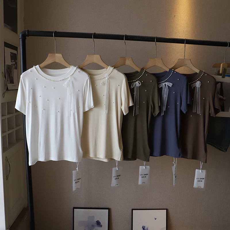 [Bizheng] 2025 初秋新作韓国風レディースラウンドネックビーズレースリボンスリムカジュアル Tシャツ 4513|undefined