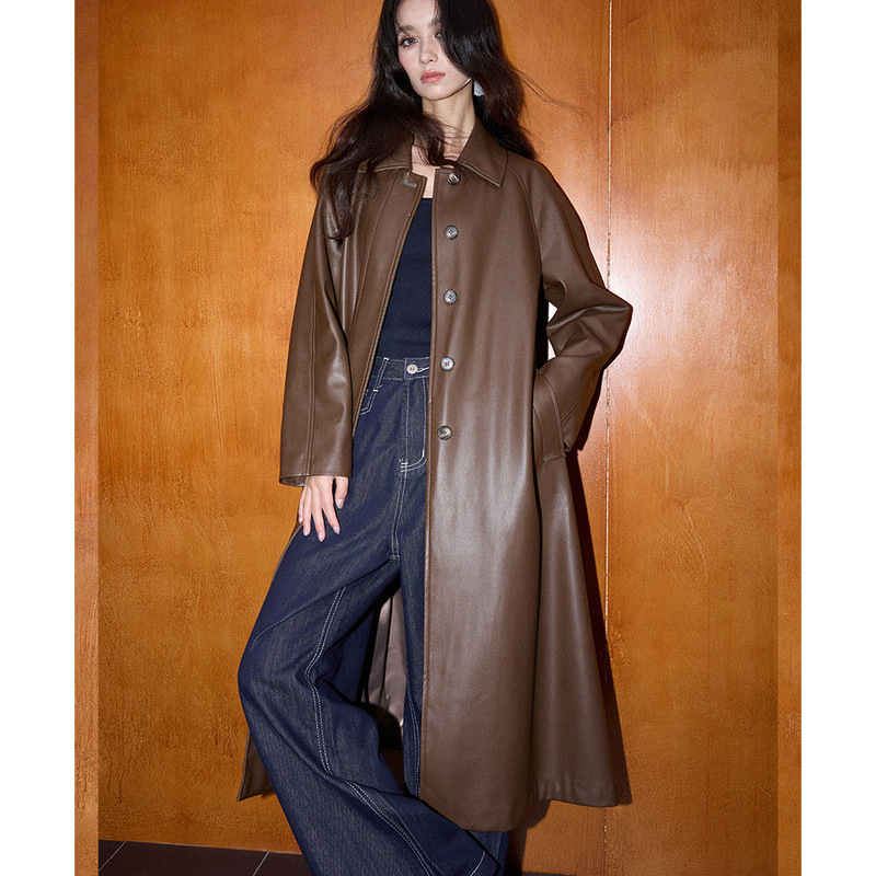 【Shengdu】26 Spring New Retro Modern High-End Casual Oil Wax Style Trench Coat Mid-Length Pu Leather Jacket for Women