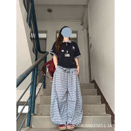 港式复古格子撞色褶皱休闲裤女夏季新款宽松直筒束脚两穿阔腿长裤