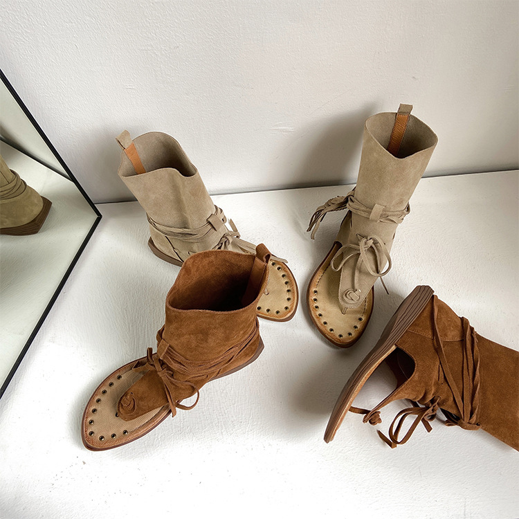 Dép sandal xỏ ngón bohemian đế bệt quai tua rua phong cách La Mã — Màu caramel, màu kaki chi tiết 23