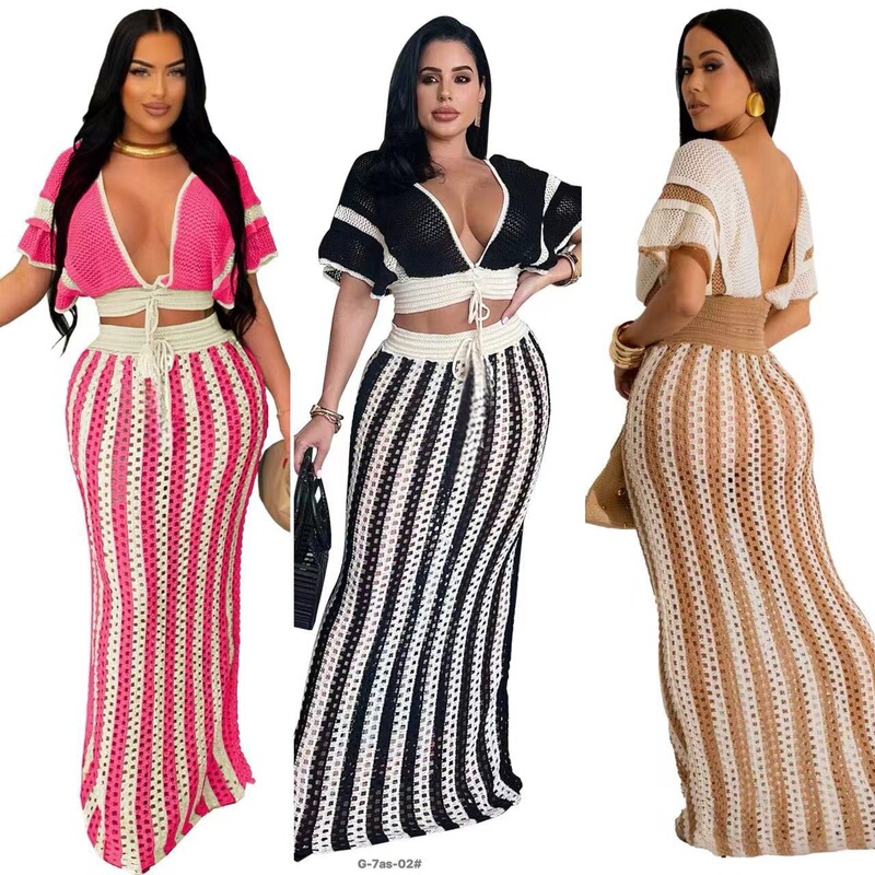 Cross-Border European and American Style Cut Out Knitted Suit for Women, Sexy V Neck Ruffle Sleeve Top + Stripesd Hip-Covering Long Skirt Two Pieces