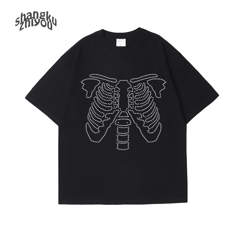 T-shirt à manches courtes pour hommes, ample, avec épaules tombantes, en coton, de haute qualité, avec tête de mort américaine, nouvelle collection été 2023_voghion.com