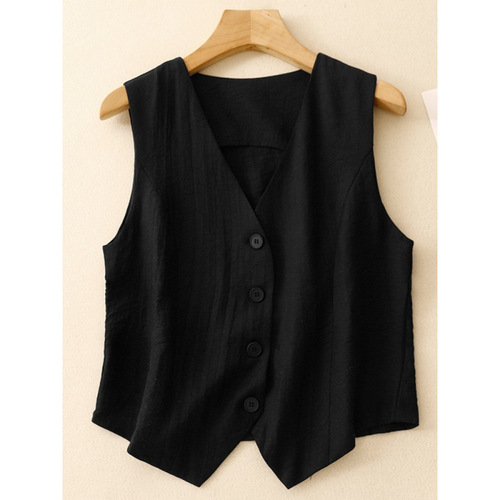 Summer outerwear vest women's pure color V-neck linen cardigan, elegant and slimming sleeveless cotton linen lapel top thin