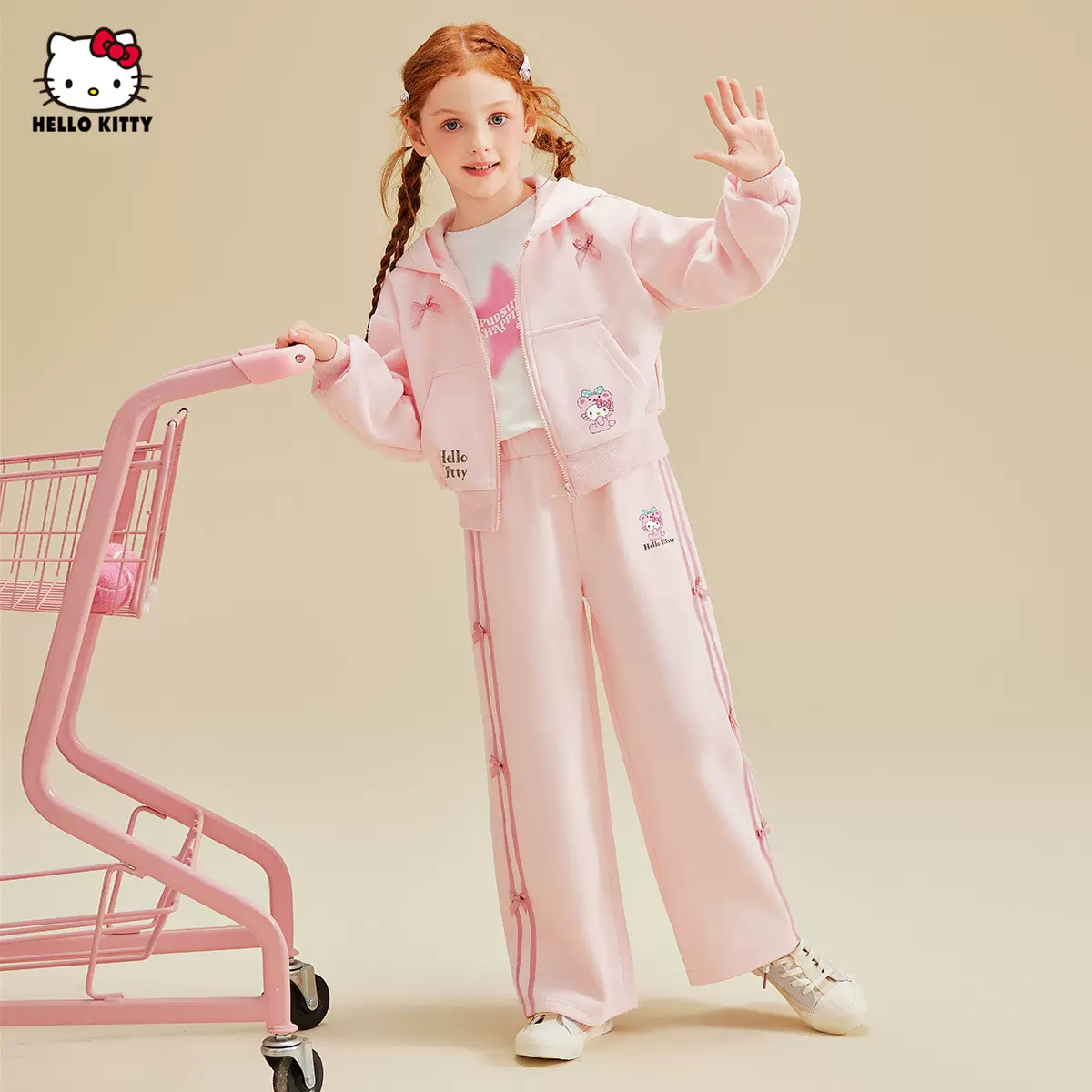 HelloKitty女童中大童秋季2025新款运动风套装甜美粉小蝴蝶结套装