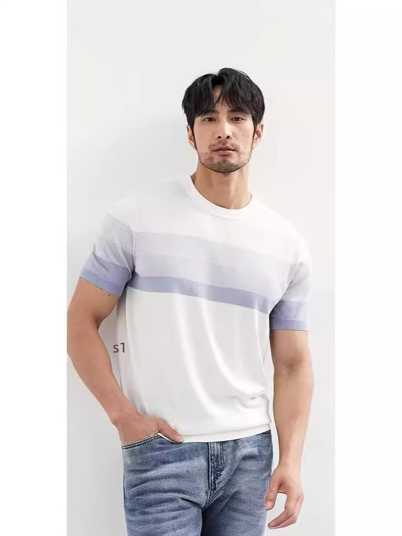 Verano nuevo ligero camiseta de punto de manga corta varón gradiente de contraste rayas comerciales camiseta de seda de hielo comercio exterior al por mayor transfronterizo
