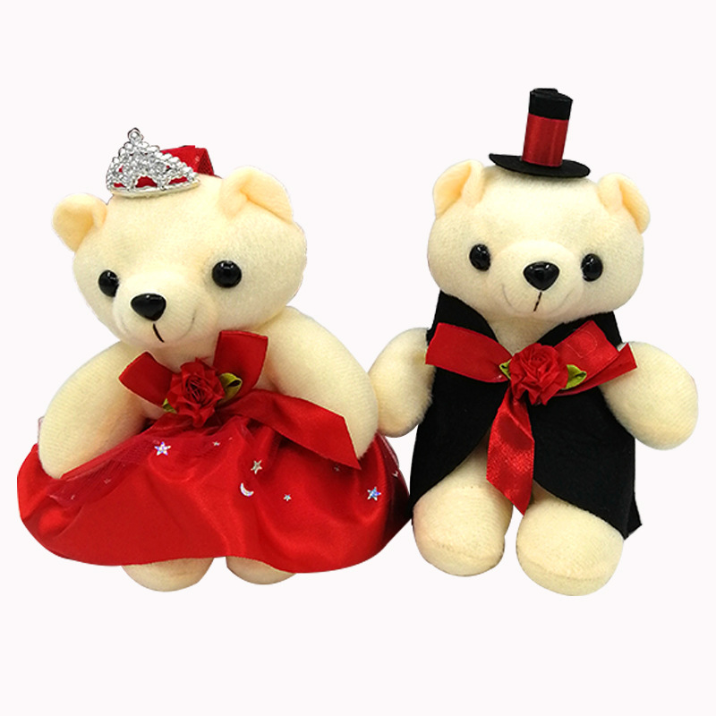 Venta al por mayor de juguete de peluche pareja oso vestido de boda cama muñeca regalo de boda coche muñeca decoración muñeca