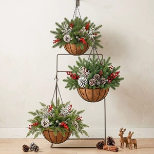 Рождественская подвесная корзина цветочный горшок дерево полукруглый гриб ротанг сосновая иголка красные фрукты лента украшение рождественские украшения