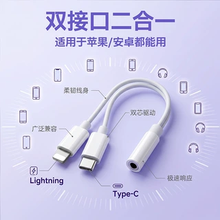双接口二合一音频转接线Lightning+Type-C数字解码耳机线适用苹果