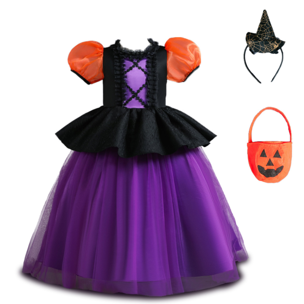 Disfraz de calabaza de Halloween para niños vestido de princesa para niñas ropa de rendimiento para niños medianos y grandes vestido esponjoso a juego de colores