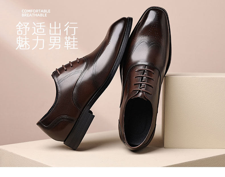 Giày da nam công sở da bò lớp đầu mũi nhọn Brogue buộc dây đế gỗ — Màu nâu, màu đen chi tiết 23