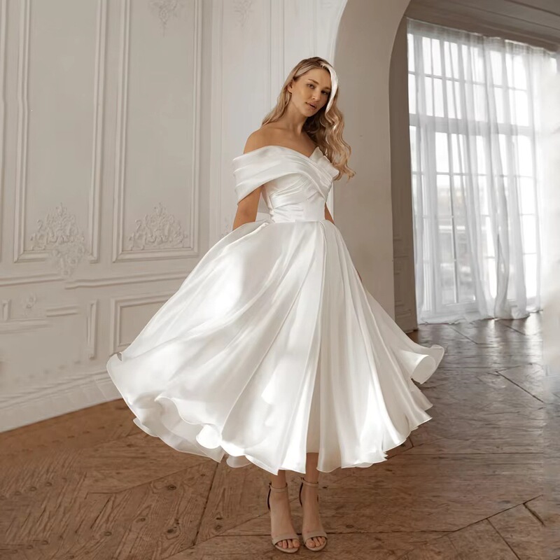 Cross-Border Wedding Dresses 2026 New Models Aliexpress Amazon Off-Shoulder Satin Mid-Length European and American Women's Dresses Wholesale Cross-Border Wedding Dresses 2026 New Models Aliexpress Amazon Off-Shoulder Satin Mid-Length European and American Women's Dresses Wholesale