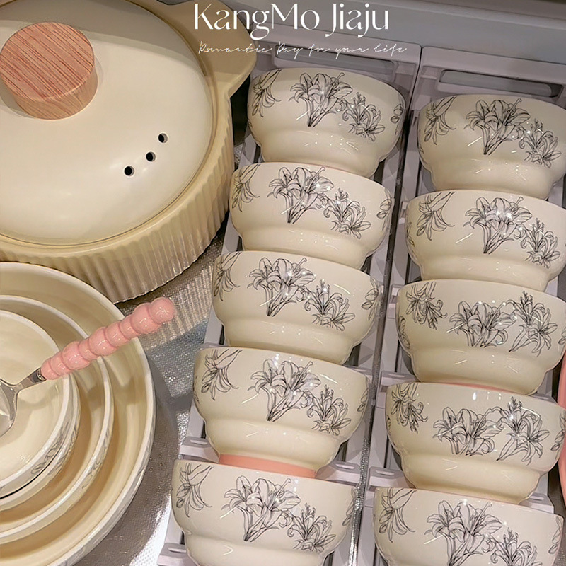 Pink Bowl and Plate Set for Home Use, Light Luxury with a High-End Feel, Beautiful Bowls and Plates, 2025 Model for Weddings, Housewarming, and New Year Gifts