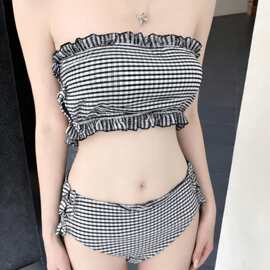 泳衣女2026新款条纹辣妹挂脖分体小胸遮肚显瘦纯欲风沙滩温泉度假