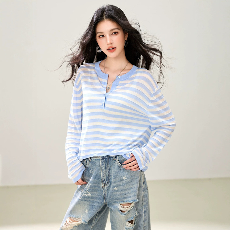 G2904 Simple Commuting Comfortable Top, Henley Collar Striped Long Sleeve Knit Shirt for Women, Summer and Autumn Thin Blouse