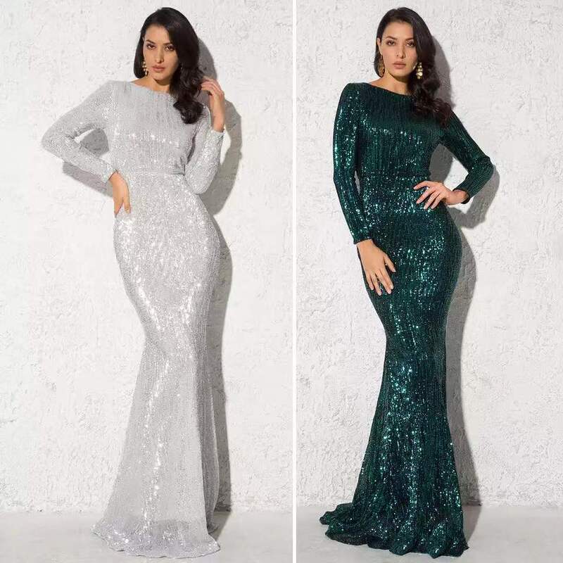 2024 European and American Cross-Border New Sequined Long-Sleeved Dress Plus Size Holiday Style Dress Women's Party Evening Dress