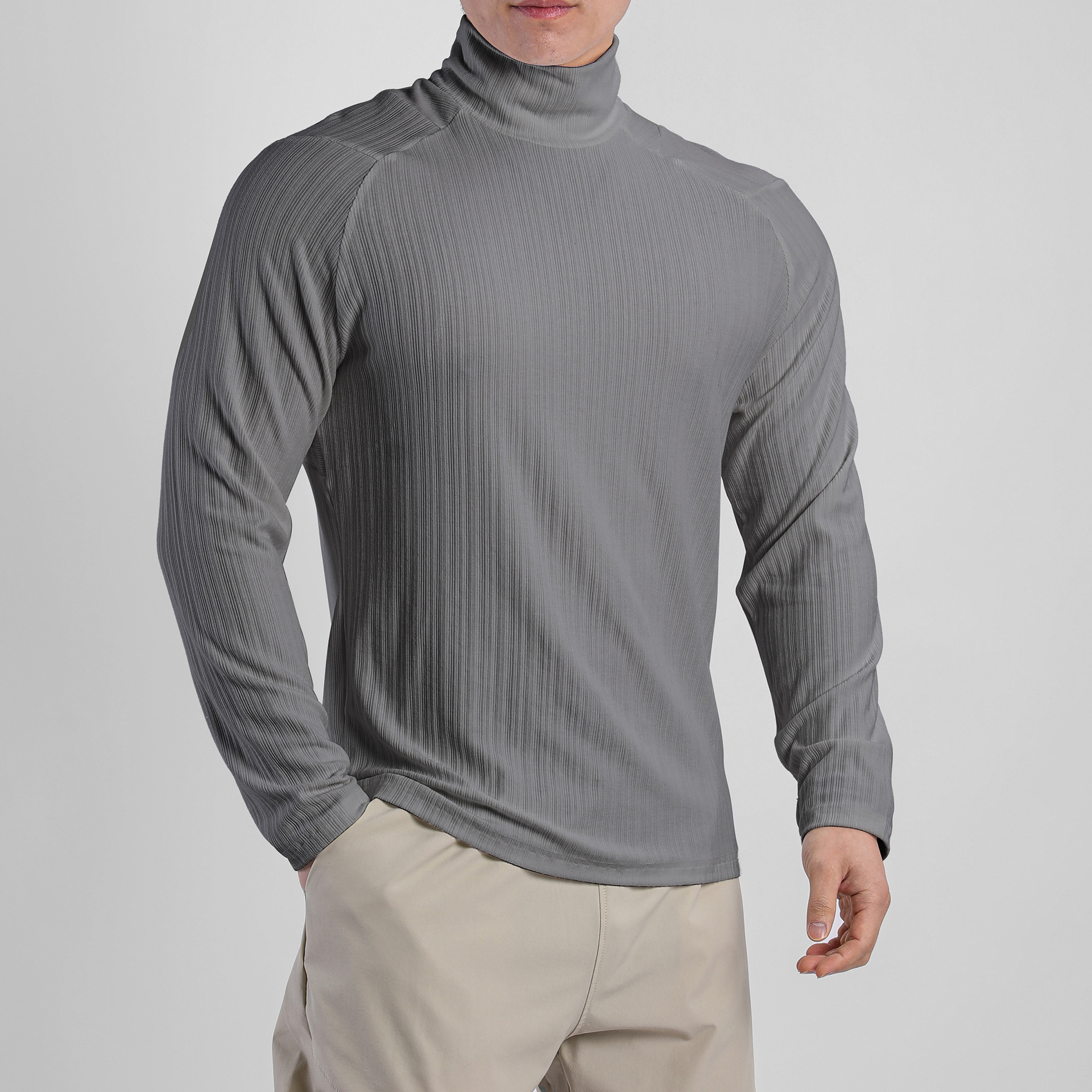 높은 칼라 티셔츠 주름 질감 느슨한 긴 소매 내베이스 셔츠 크로스 국경 최고 남자의 탄성 훈련 가을과 겨울