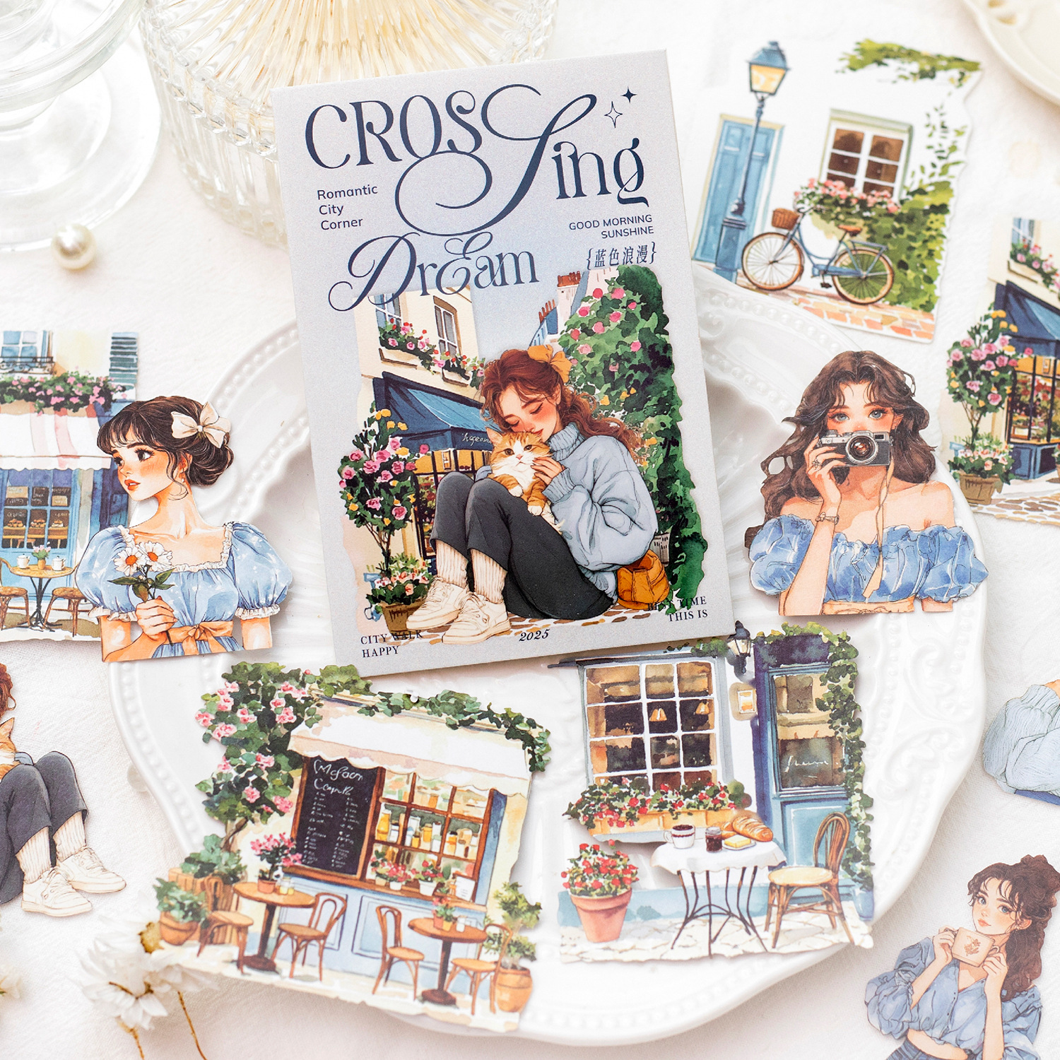 Paquete de pegatinas de piel de vaca blanca crepuscular, días brillantes, película de corte láser, pegatinas de material de decoración de cuentas de mano de personajes