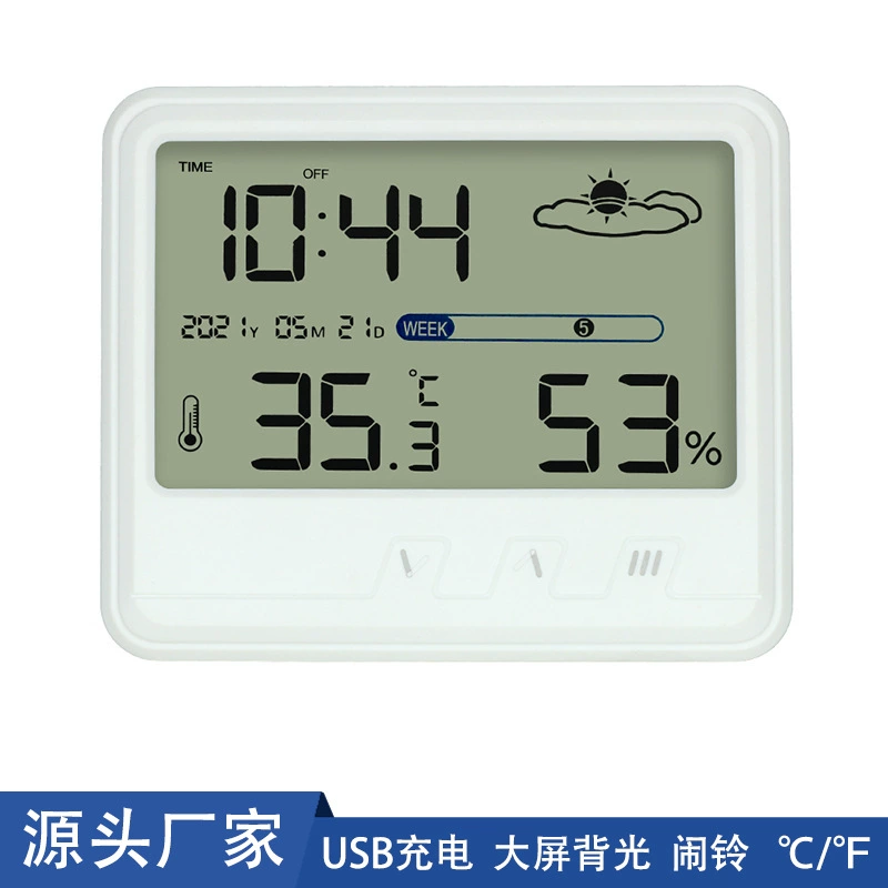 Оптовый Новый внутренний гигрометр USB-зарядка с подсветкой даты и времени, отображение будильника, мониторинг температуры и влажности
