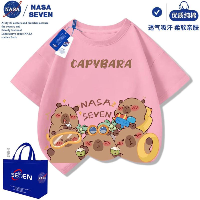 NASA卡皮巴拉纯棉T恤儿童洋气2025夏季新款水豚君短袖男女童上衣|undefined