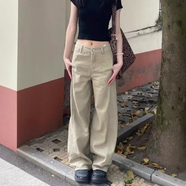 Plus Size American Retro Khaki Scimitar Jeans for Men and Women with Deconstructed Design High Waist Loose Wide Leg Straight Pants