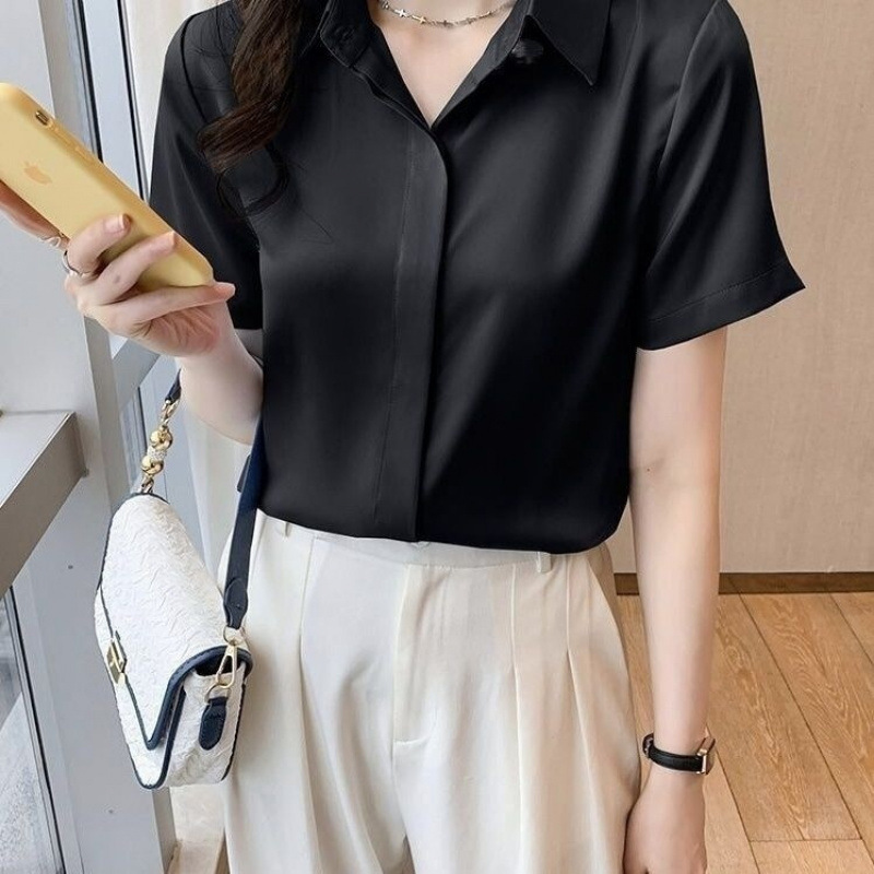 Chiffon Shirt Women's Summer 2025 New Style Slimming Look and Mature Professional Shirt Polo Collar Short-Sleeved Right Shoulder Top