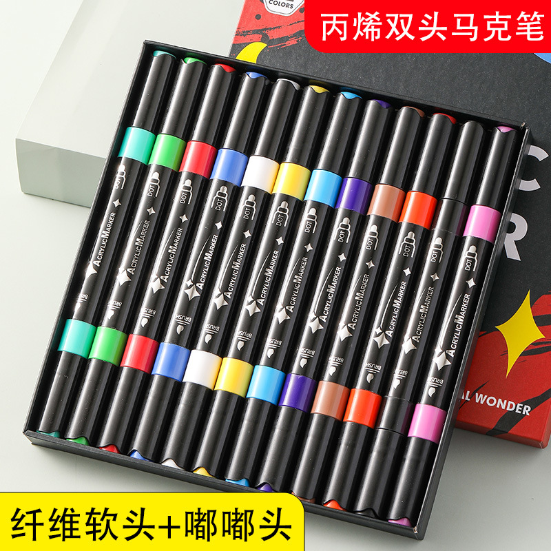 Cross-Border Watercolor Pen Double-Ended Acrylic Marker Pen 24 Transparent Paper Water-Based Color-Stackable Children's Soft-Tip DIY Painting Graffiti