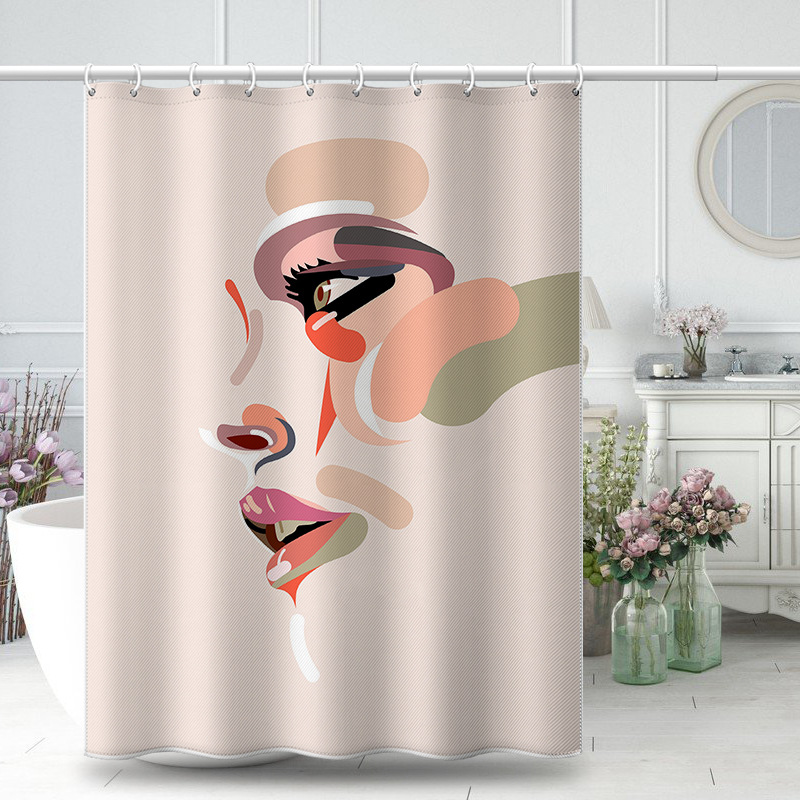 Hand-painted Abstract Portrait No-drill Installation, Bathroom Shower Dormitory Hanging Curtain, Cartoon Fabric Curtain_voghion.com