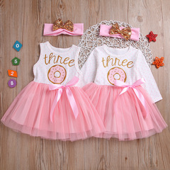 Dress Spring and Autumn Amazon Children's Clothing European and American Letters Bowknot Mesh Lace Spliced Skirt Puffy Princess Dress 
