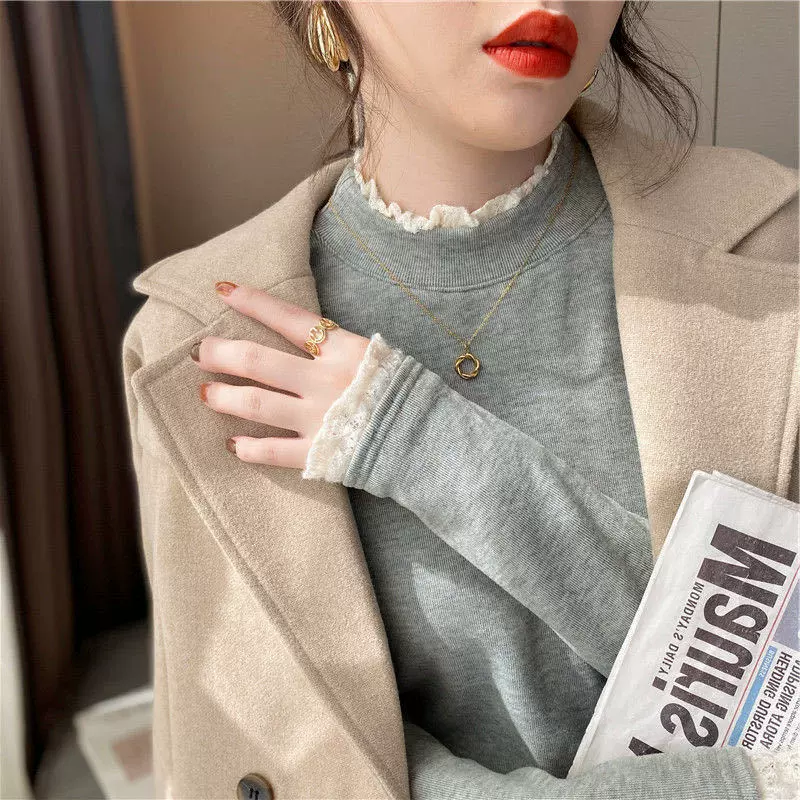 德绒半高领加绒加厚长袖打底衫女2020秋冬新款韩版蕾丝拼接上衣潮