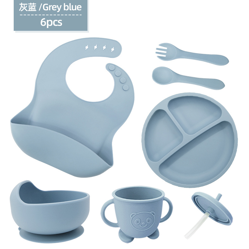 Vajilla de silicona para niños Juego de 6 piezas de silicona para bebés Tazón de alimentos complementarios separados Cuchara tenedor Taza para aprender a beber Juego de vajilla para madres y bebés