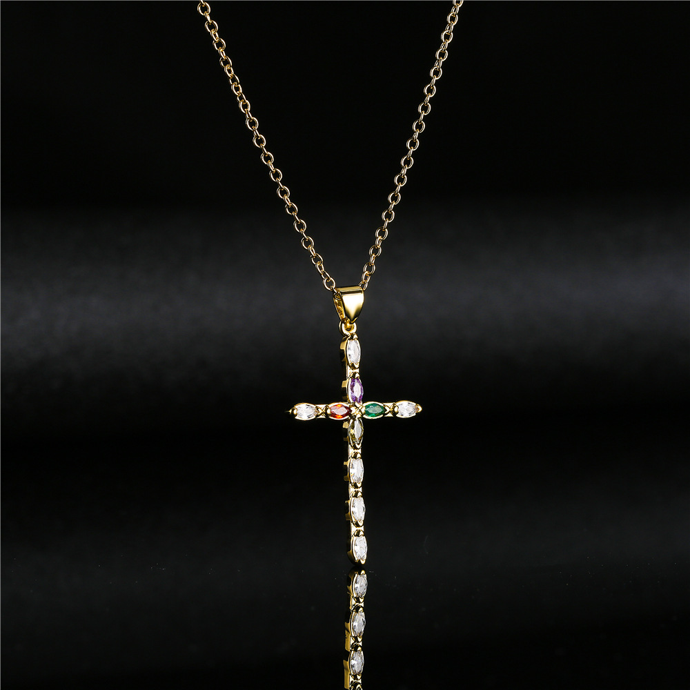 Retro Copper Plated Real Gold Color Zirconium Cross Pendant Necklace Female Religious Jewelry display picture 2