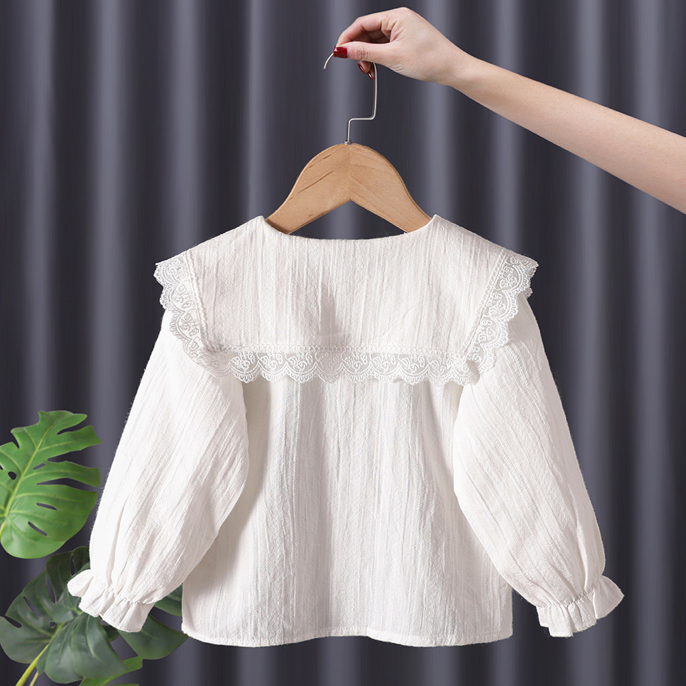 Camisa blanca de las niñas solapa de los niños 2024 nueva camisa bordada de otoño estilo coreano camisa de manga larga estilo occidental de las niñas