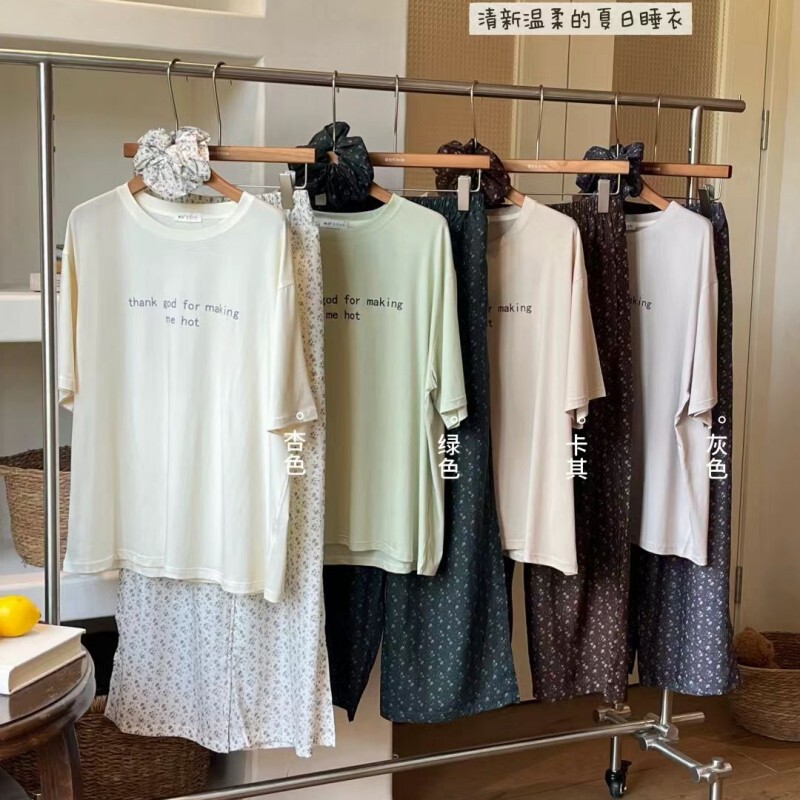 2611 # Korean Lyocell Floral Casual Home Wear Set for Women, Summer Comfortable Loose Short-Sleeve Round-Neck Pajamas